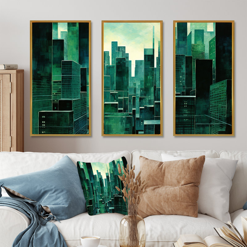 «Jade Juxtaposition Green Skyscraper Cityscape» - ensemble d'art mural sur toile gratte-ciel, Cadre flottant doré