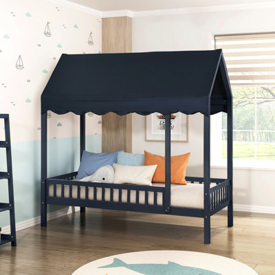 Lit plateforme simple à baldaquin bleu marine avec bords festonnés et housse en tissu, article de chambre à coucher contemporain, cadre en bois, sans sommier, bords de couverture modernes H 80,5 po x 43 po x H 83,5 po,