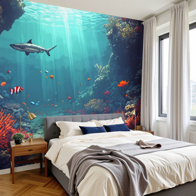 Peel and Stick Wallpaper 96" W x 69" H Modern Self Adhesive Wall Mural for Bedroom Vibrant Underwater Coral Reef Shark Colorful Fish Wildlife