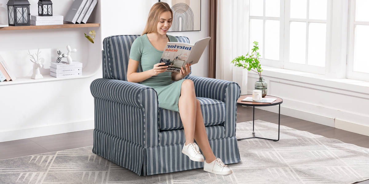 Eilzabeth 33" W Modern Soft Wide Upholstered Striped Swivel Arm Accent Chair