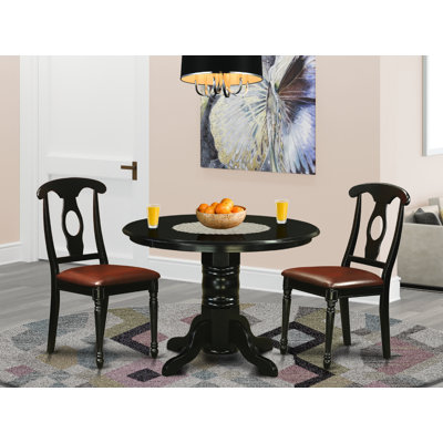 3 Piece Kitchen Table & Chairs Set Contains a Round Dining Room Table with Pedestal and 2 Faux Leather Dining Room Chairs, Black