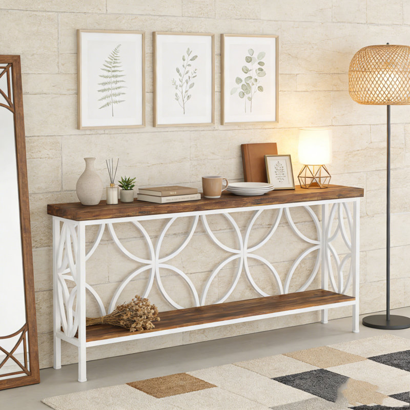 2-Tier Console Table Industrial Sofa Table Behind Couch, White & Brown