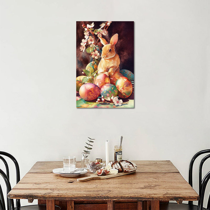  Art mural sur toile de lapin de Pâques - Décoration murale lapin de printemps vibrant avec œufs et fleurs de Pâques, pour décoration murale de Pâques et décorations saisonnières pour la maison, 12 po x 16 po