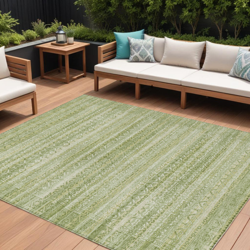 Tapis intérieur lavable rayé 9 pi x 12 pi sauge et ivoire