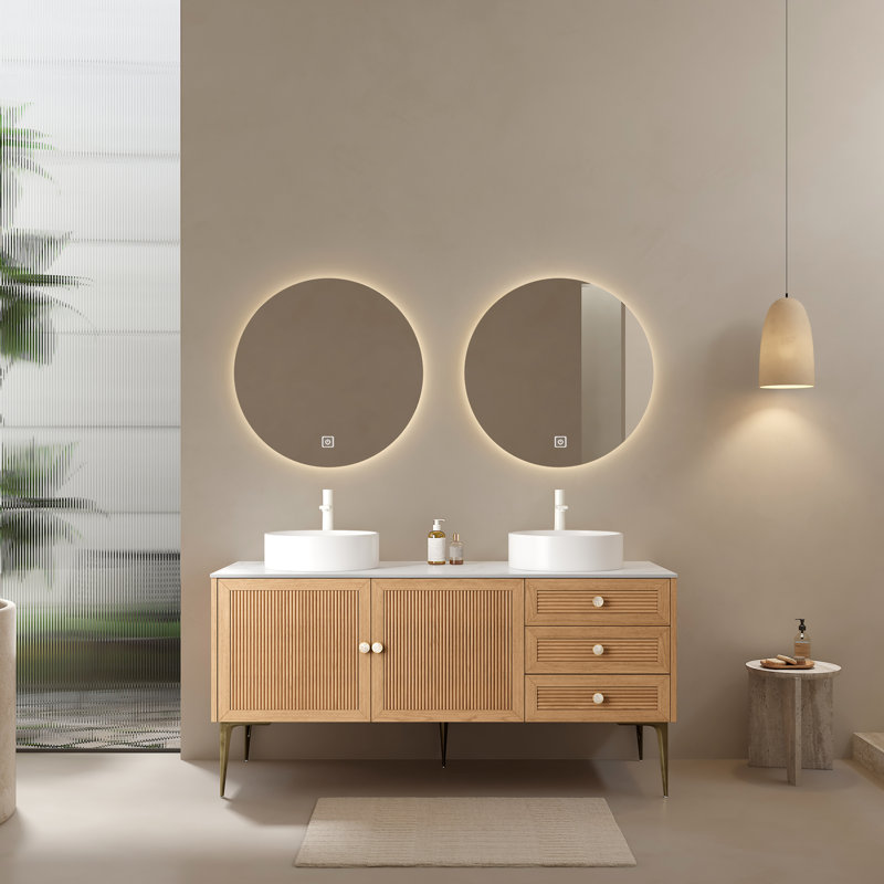 Meuble-lavabo de 60 po avec 2 lavabos, armoire de rangement autoportante en contreplaqué avec 5 pieds en métal, 3 tiroirs à fermeture douce et 2 portes