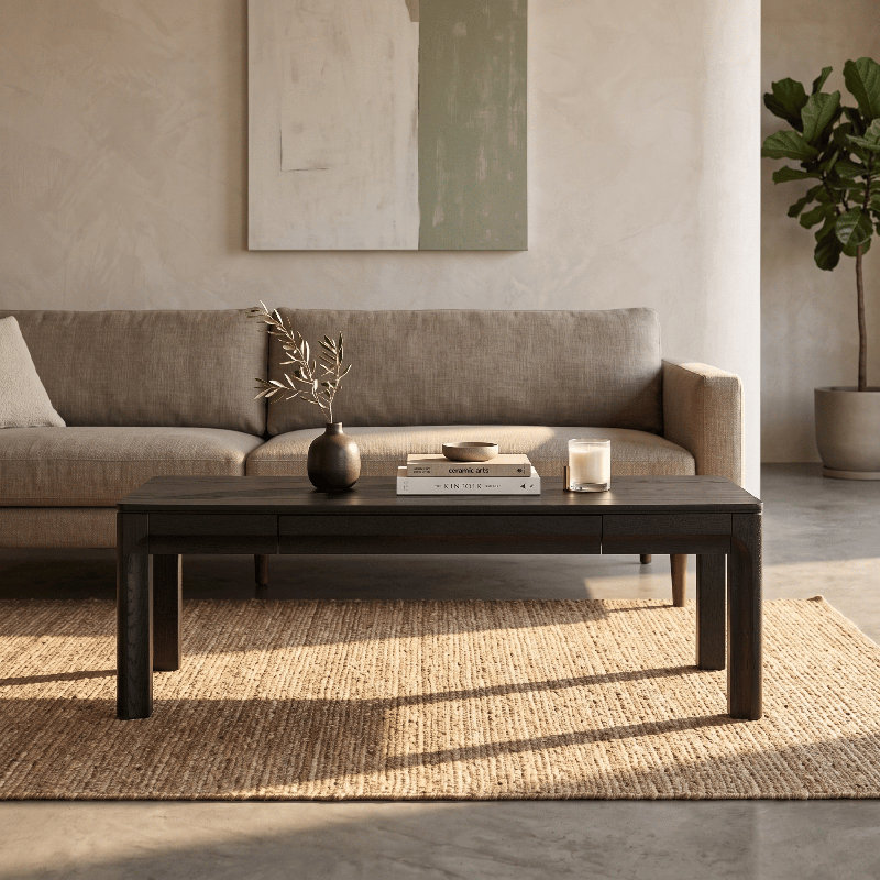 Table basse rectangulaire en bois avec tiroir caché NTC Flow - imperméable et résistante à la chaleur, Noir brûlé