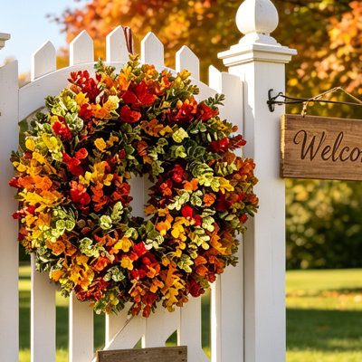 Couronne artificielle été-automne 43 cm pour porte d'entrée, décoration de transition été-automne, couronne champêtre pour Thanksgiving et Halloween avec feuilles orange, jaunes, rouges et vertes, décoration intérieure et extérieure pour mur ou fenêtre, toutes saisons