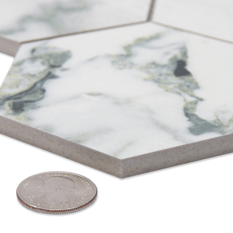Touche 4" Hex 11-3/4 In. X 13-5/8 In. Porcelain Mosaic Tile, Green/White