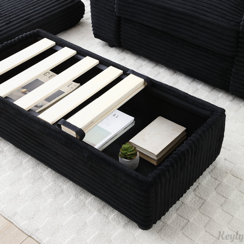 Corduroy Fabric Loveseat with Ottomans and Two Pillows, Black Corduroy