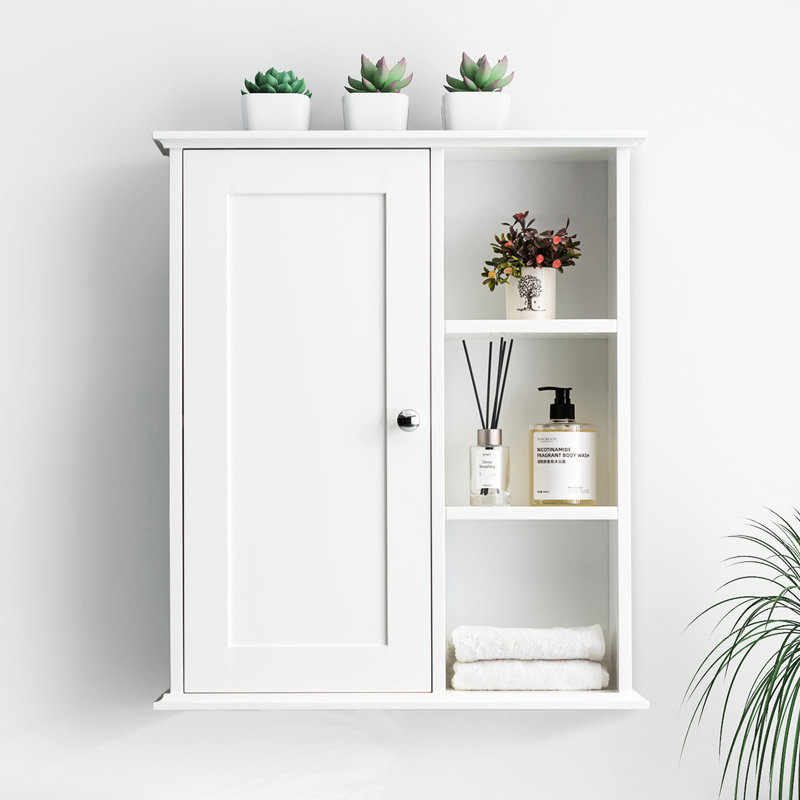 Armoire de rangement murale blanche pour salle de bain au-dessus de la salle de bain, charnières à fermeture silencieuse, conception adaptable, assemblage facile, largeur de 28,33 po, profondeur de 23,79 po avec charnières et rangement polyvalent, 30,39 lb, 7,14 po