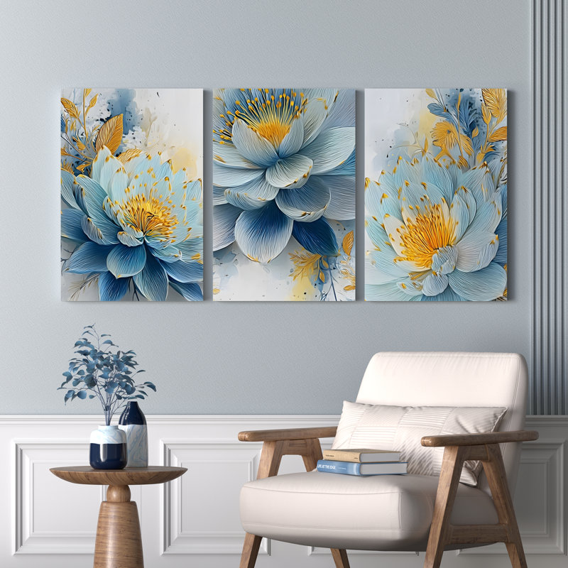 3 pièces d'art mural bleu et jaune sur toile de lotus, H 12 po x l 24 po