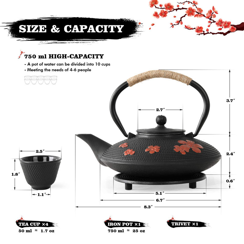 Théière en fonte de style japonais avec 4 tasses à thé Trivet Tetsubin Stovetoptea bouilloire avec infuseur Théière en fer pour adultes