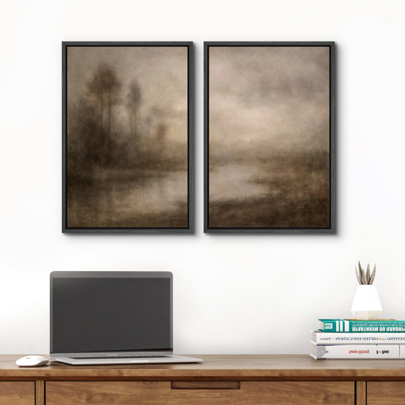 «Warm Misty Riverbank with Trees in Soft Neutral Tones», reproduction d'art sur toile encadrée dans la chambre principale, 2