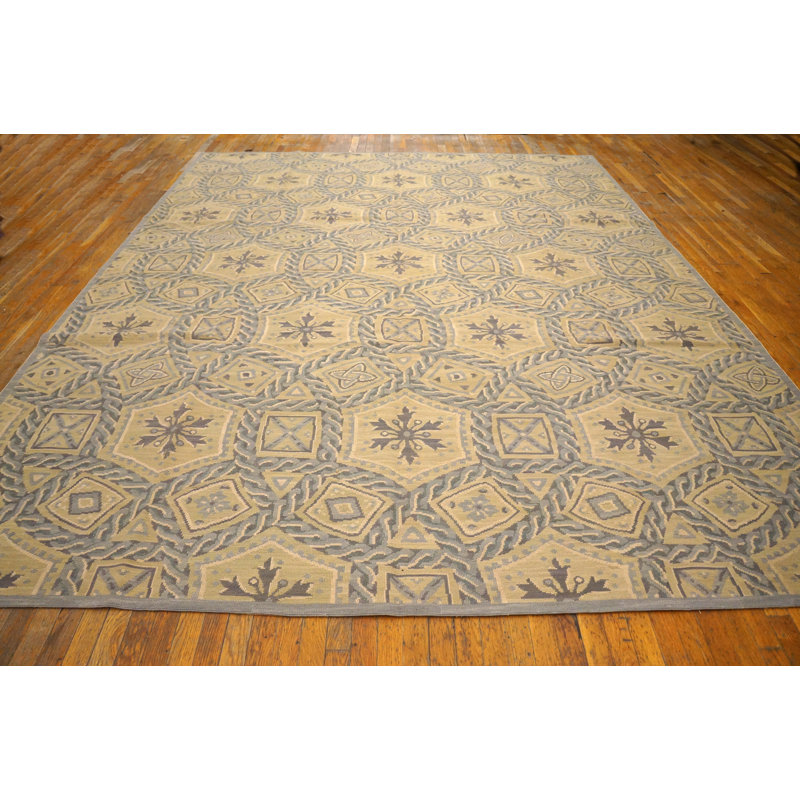 Tapis vert / ivoire en laine noué à la main de conception unique 9 pi x 12 pi Needlpoint