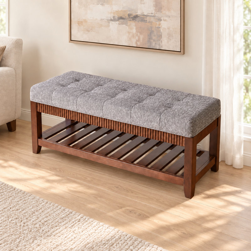 Banc de hall d'entrée en bois massif avec assise rembourrée et tablette à chaussures, Gris