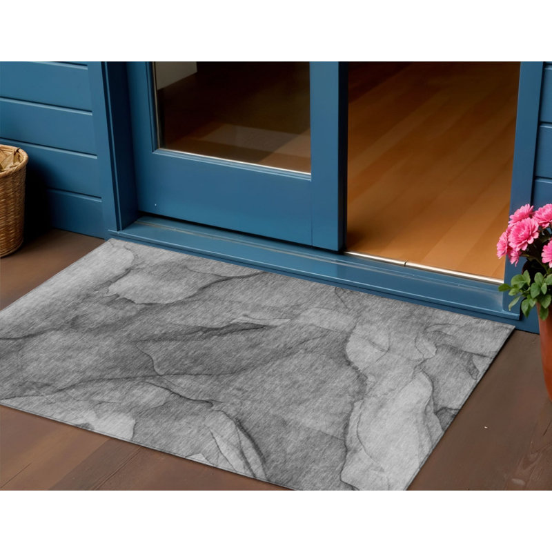 Tapis extérieur lavable abstrait gris argenté et gris anthracite 3 pi x 5 pi