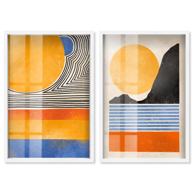 Ensemble d'art abstrait moderne « Geometric Sun Duo » avec cadre-vitrine, par Art Remedy, cadre noir, 10 x 15, White Frame