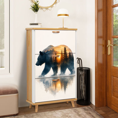 Shoe Storage Cabinet with 3 Flip Drawers for Bear Trees Sunset Silhouette Abstract Nature Animal Forest Shoe Rack Storage Organizer