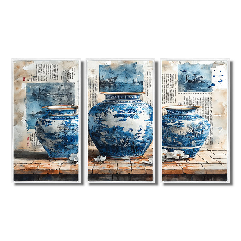 Ensemble de décorations murales China Potery II, Toile encadrée flottée blanche, H 28 po x l 36 po x P 1 po