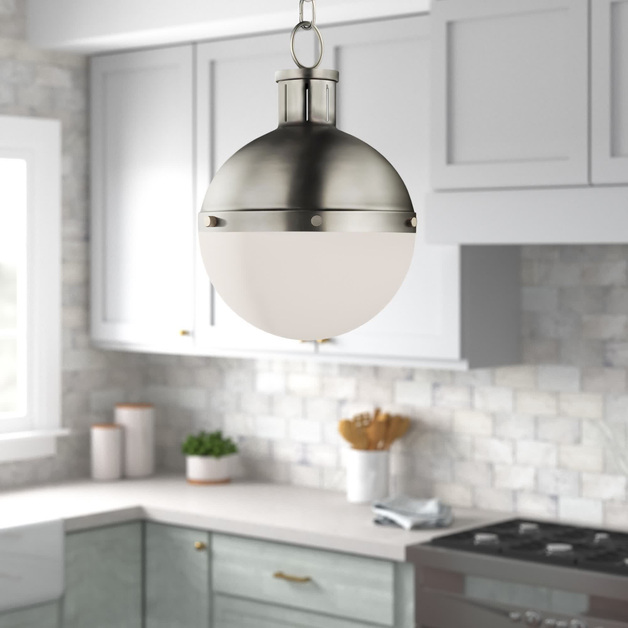 Geoffrey Single Light Glass Steel Dimmable Pendant, Brushed Nickel, No , 11.63" H x 8.13" W x 8.13" D