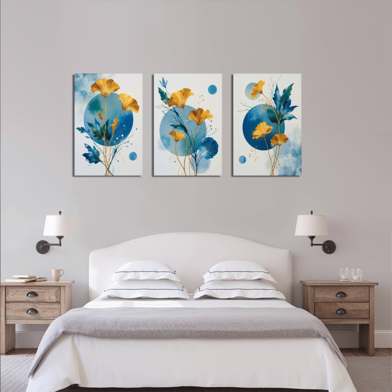 Toile murale imprimée « Coquelicot doré et fleurs abstraites bleues » (lot de 3), H 18 po x l 36 po