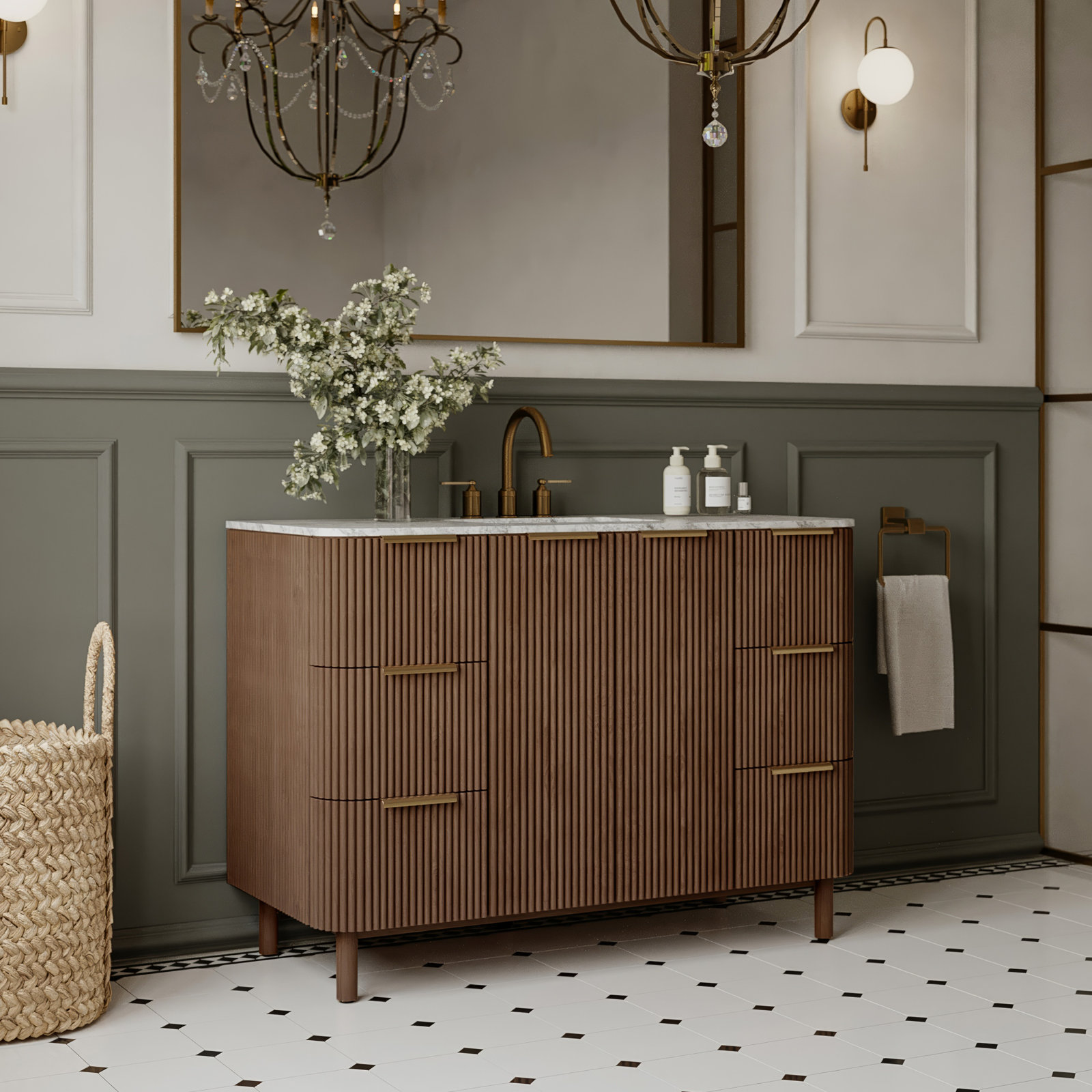 Nova 48" Single Bathroom Vanity Set, Brown Reeded Birch