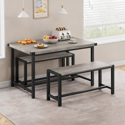 Modern 3-Piece Dining Table Set for 4 – Rectangular Table & 2 Space-Saving Benches – H-Shaped Metal Frame – Ideal for Apartments & Small Dining Areas