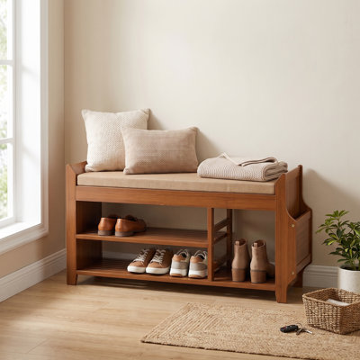 7-Pair Capacity Red-Brown Bamboo Shoe Bench with Hidden Storage