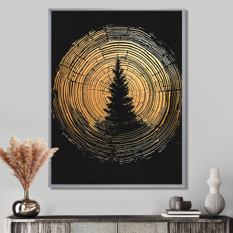Geonni, abstrait noir et or, anneau d'arbre I - glissade sur bois, art mural, Argent argent, H 32 po x l 24 po