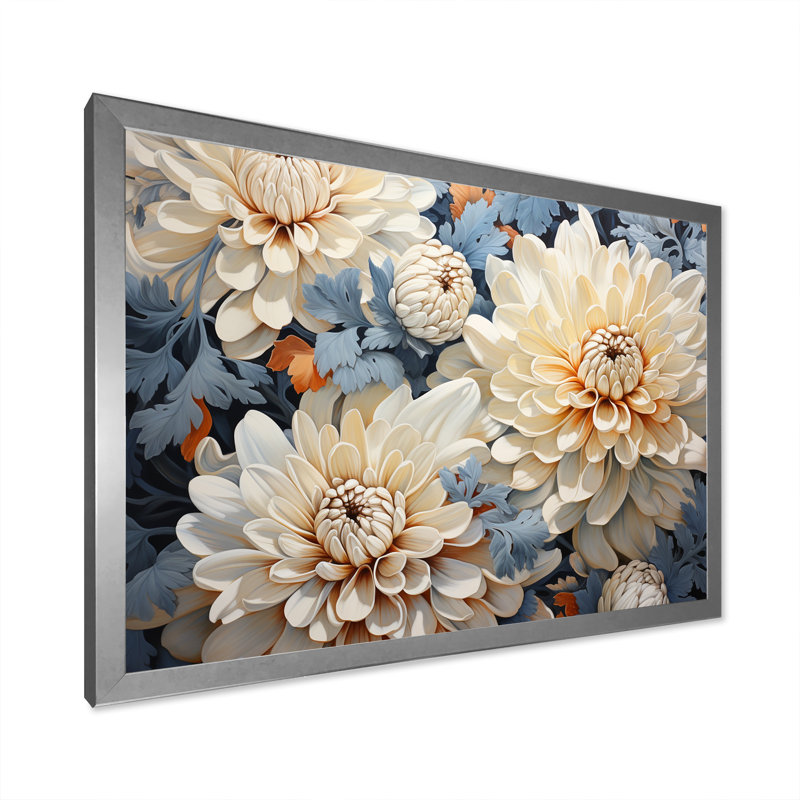 «White and Blue Chrysanthemums», mosaïque sur toile, Cadre simple argenté, H 16 po x l 32 po x P 1 po