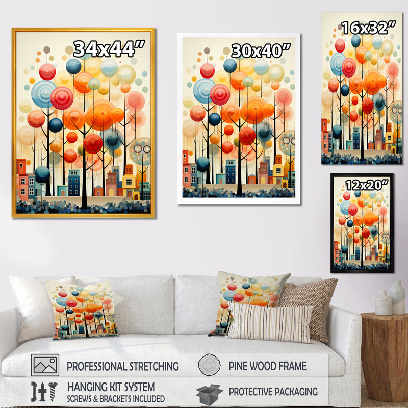 Arbre coloré coloré - Art mural arbre, H 44 po x l 34 po x P 1,5 po, Cadre simple blanc