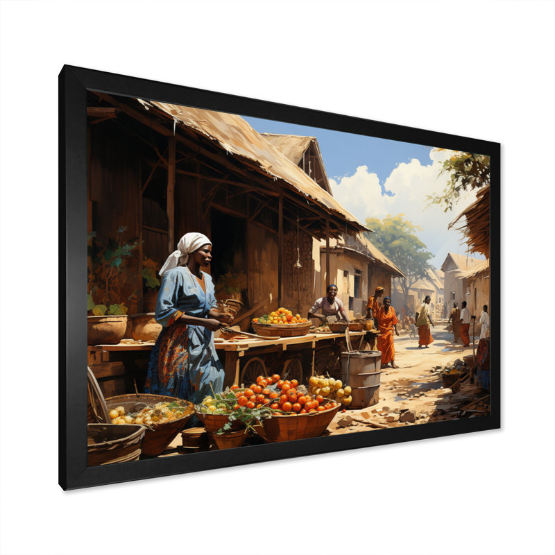 African Vibrant Market II - Art mural africain, H 24 po x l 32 po, Reproduction avec cadre flottant, Noir