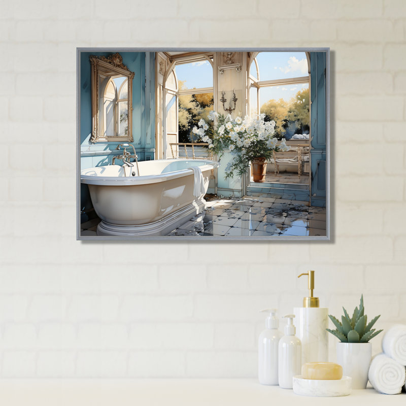 Bathroom Bathroom Reflections Of I - Impression sur toile encadrée, H 24 po x l 32 po x P 1 po, Encadrement argenté