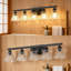 Applique murale de salle de bain 5 lumières, applique murale moderne en métal noir avec abat-jour en verre nervuré transparent pour miroir, cuisine, chambre à coucher