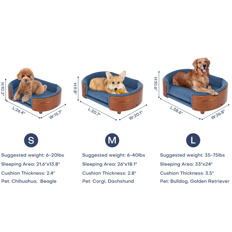 Lit pour chien surélevé de style scandinave avec pattes en bois massif et dossier en bois courbé, coussin en velours