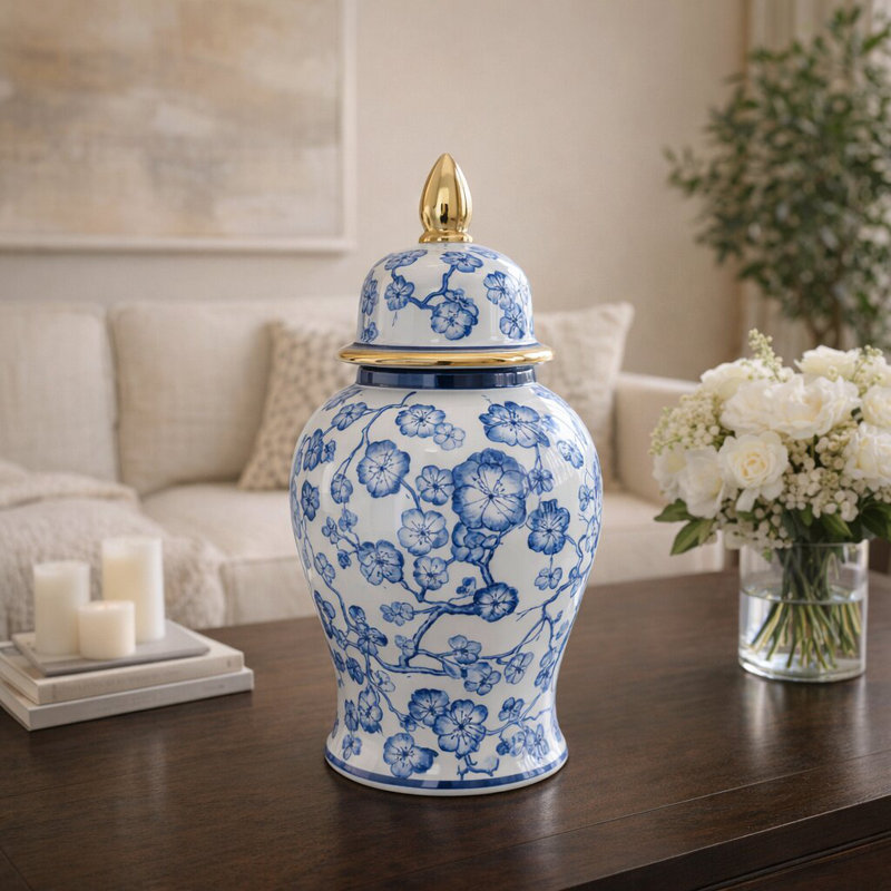 Manado 14" Ceramic Temple Jar with Lid Contemporary Vintage Style Blue and White Chinoiserie Floral Design