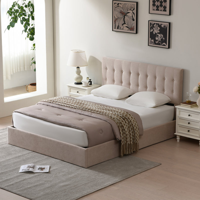 Lit plateforme tapissier avec rangement Arcadia, Grand, Kaki