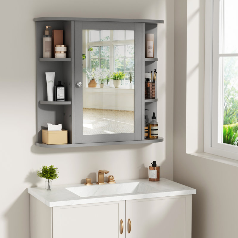 Bathroom Mirror Cabinet With Ample Storage Shelves, Gray