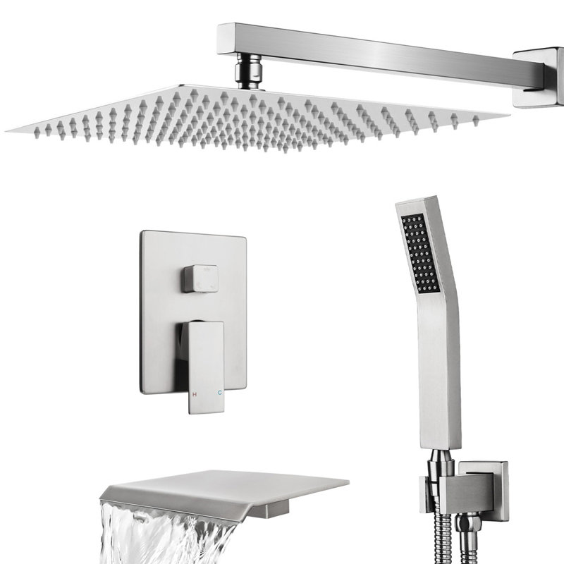 Wall Mounted Shower Faucet Set,12 Inch Rainfall Shower Head, Handheld Spray,Tub Spout, Brushed Nickel