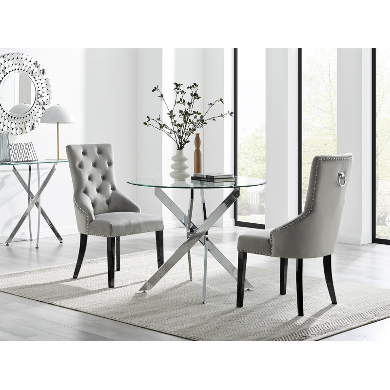 Tierra Modern Chrome Metal & Glass Round Dining Table Set with 2 Luxury Button Velvet Chairs, Grey/Black