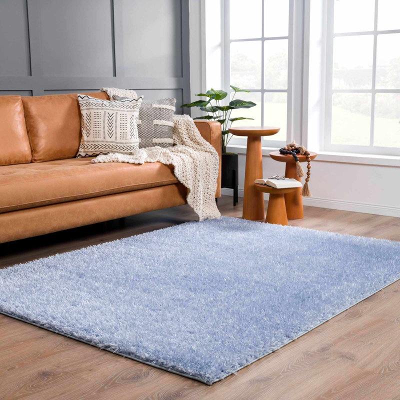 Tapis bleu uni en polyester tissé à la machine Ayonah, Rectangle 4 pi x 5 pi 7 po