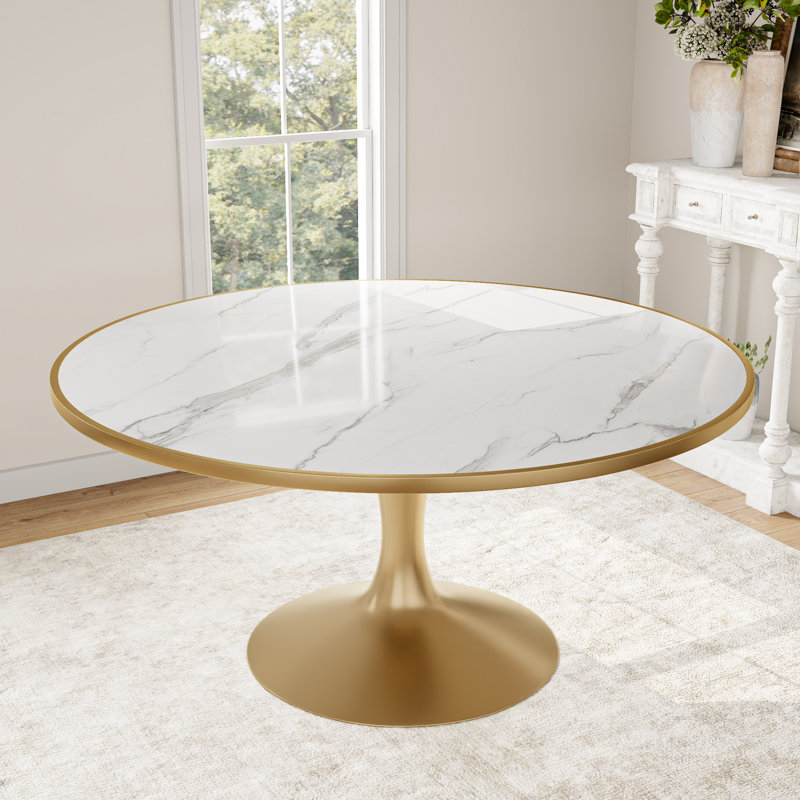 Plateau de table en pierre frittée avec bordure dorée 47 po / 53 po / 59 po, H 47 po x L 47 po, Blanc lustré