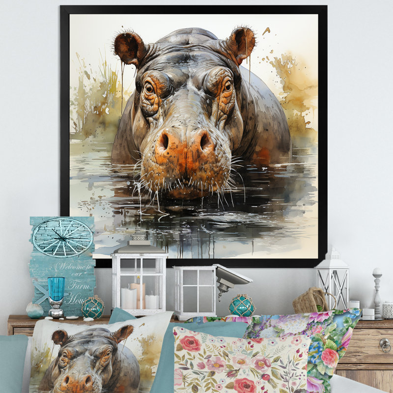 Hippopotame gris et gris, H 16 po x l 16 po x P 1 po, Cadre photo noir