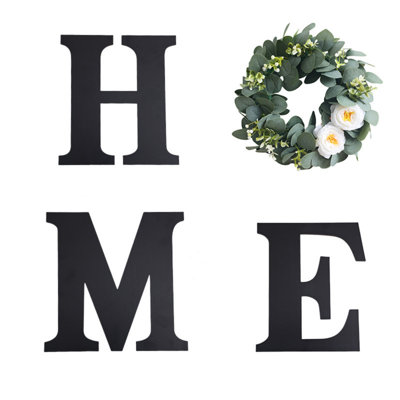 Panneau de maison en bois avec couronne de plante artificielle bricolage maison de ferme murale décorative lettres en bois pour décoration murale rustique, D2