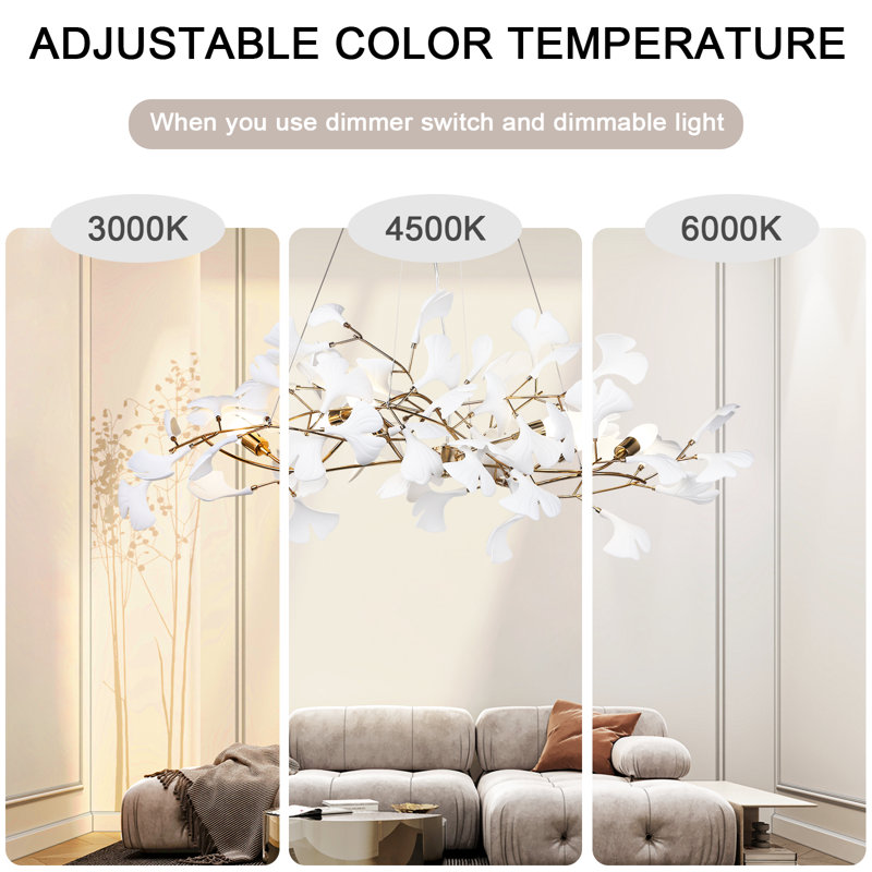Lustre en céramique avec feuilles de ginkgo, H 21 po x l 39,5 po x P 39,5 po