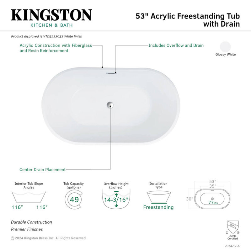 Kingston Brass Aqua Eden 53-Inch Acrylic Oval Double Ended Freestanding Tub with Drain