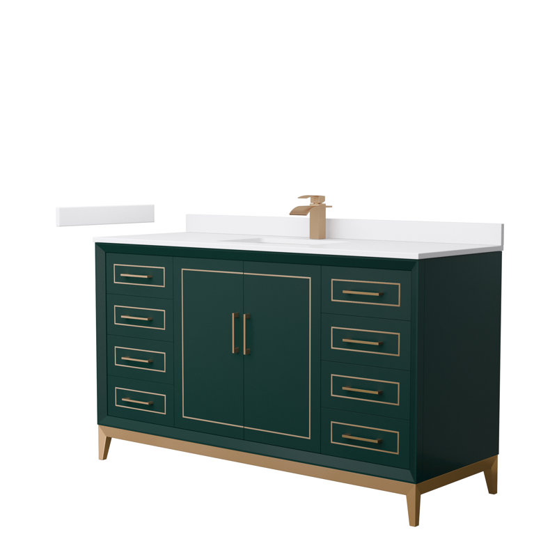 60'' Single Bathroom Vanity with Cultured Marble Top, Green, Satin Bronze, Carrara Cultured Marble