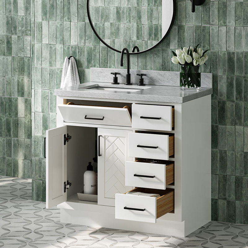 Ensemble de meuble-lavabo rectangulaire rectangulaire gauche 37 po avec comptoir en marbre de Carrare blanc 1,5 po Chevron