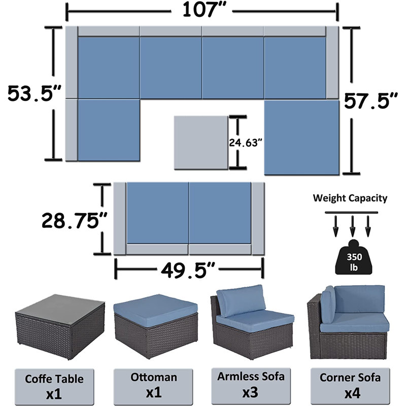 Ensemble de conversation modulaire en rotin 9 pièces avec coussins 9 pièces