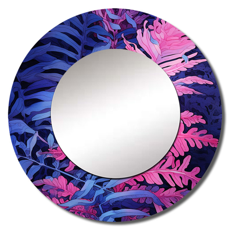 Fond de fougère rose bleu - grand miroir mural floral, miroir décoratif rond rose, impression d'art en métal, 36 po x 36 po